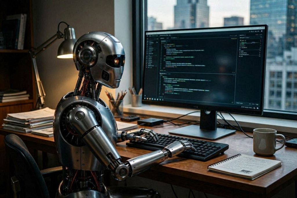 Robot sitting at a computer and typing, Harma-Mae Smit blog